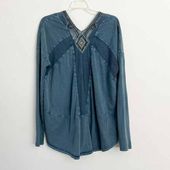 Free People // Blue Boho Focus On The Center Top Small Beaded Tunic M - Picture 3 of 7